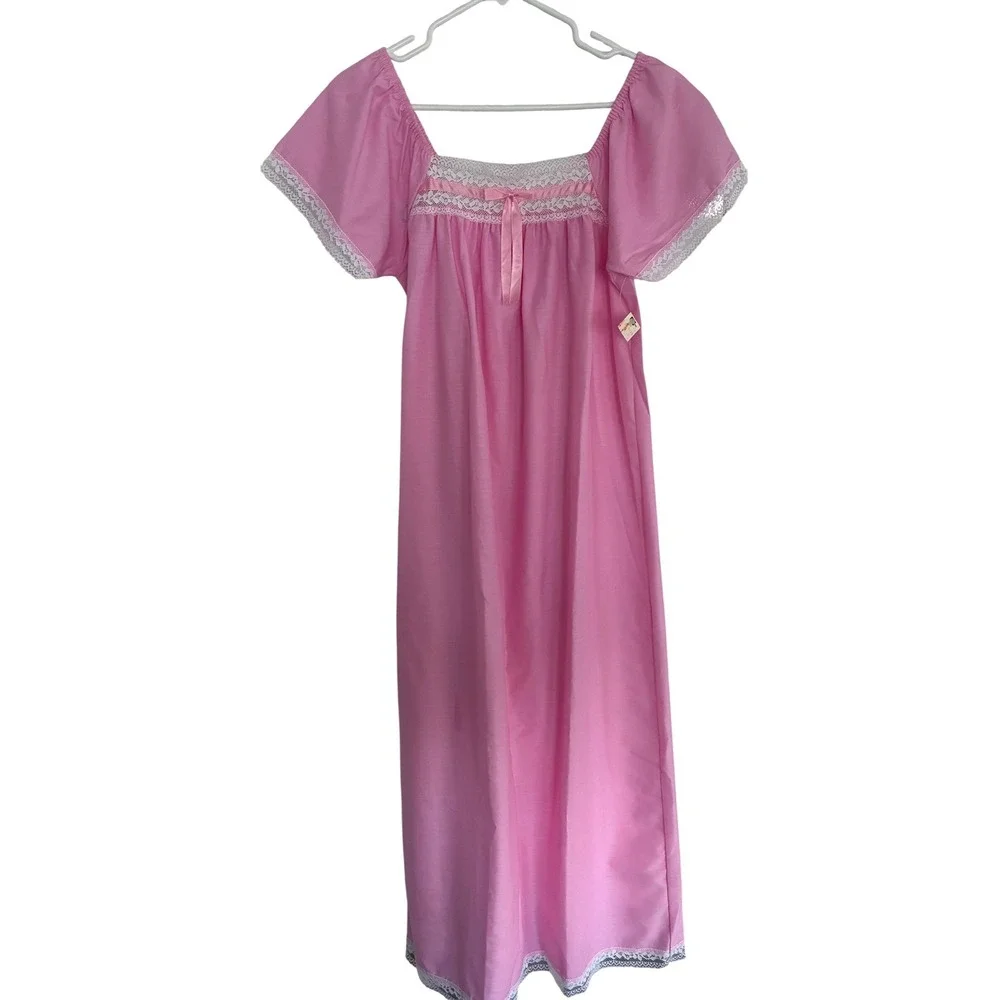Mistra Vintage Pink Lace Trim‎ Nightgown Maxi Sleepwear Medium Cottagecore Bow